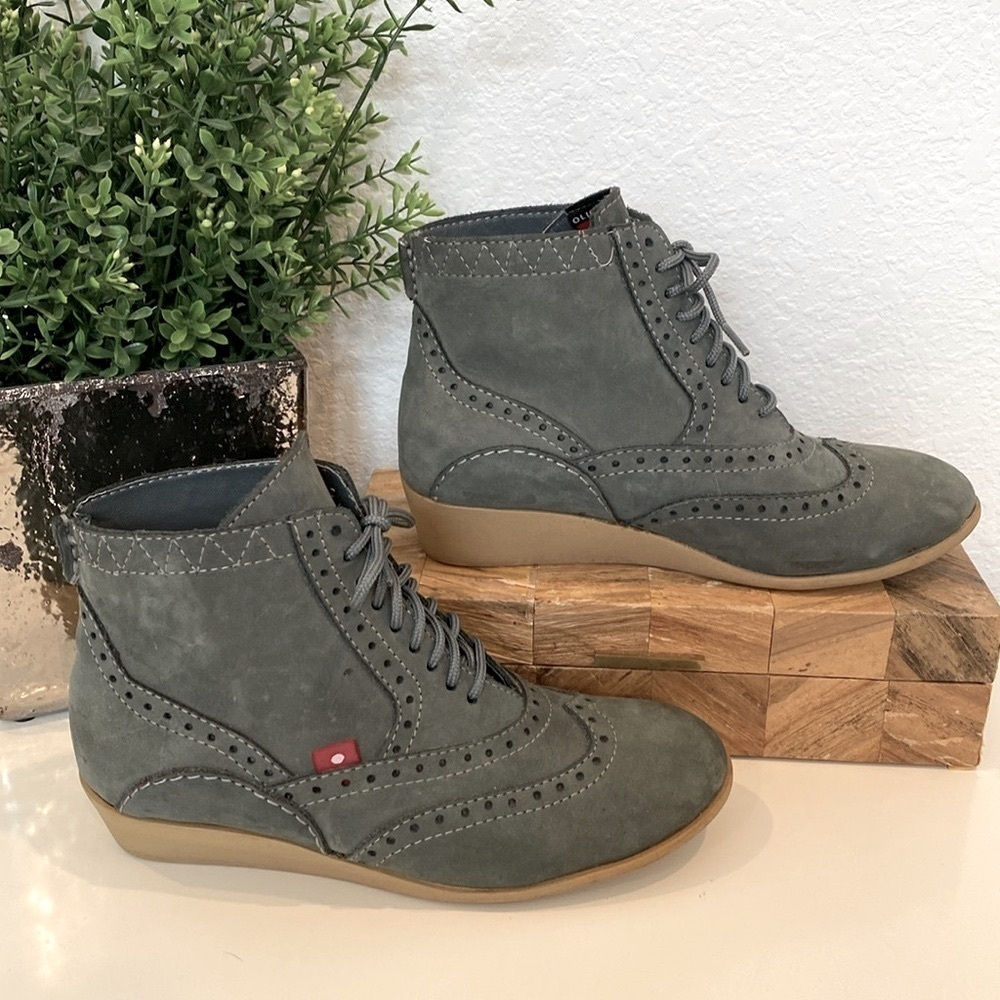 Oliberte Lalina Wingtip Wedge Ankle Boots Grey Suede Brogue Dark Academia Size 6